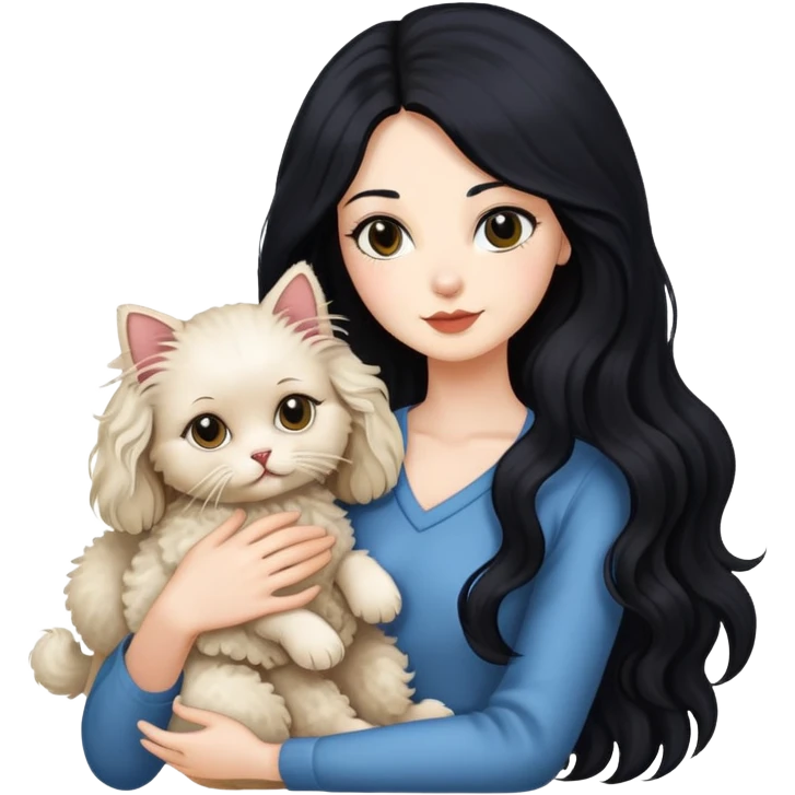 Lady with long black hair, with Ragdoll cat and small poodle  emoji