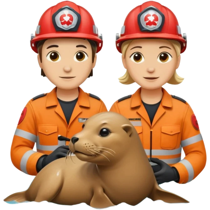 Rescue workers with helmets saving sea lion emoji