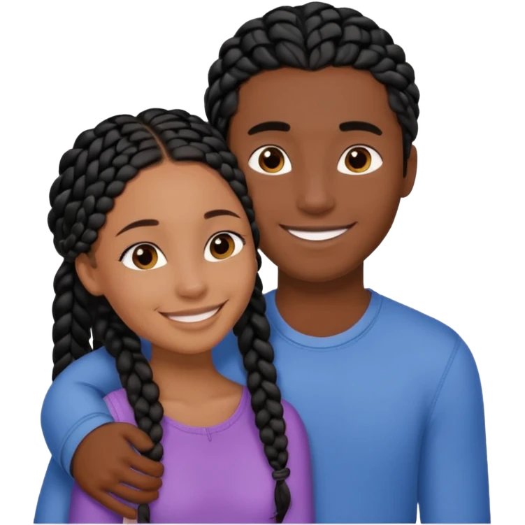 Dark black girl with black braids, smiling, and embracing her tan white boyfriend with straight brown hair emoji