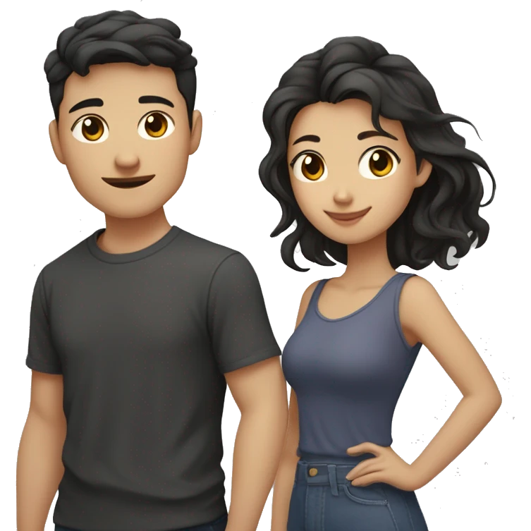 A half pale Asian man with short dark hair and amber eyes embracing and loving a half Asian woman with long wavy dark hair and dark hazel eyes. They love each other a lot And have good fashion taste. And are having a lot of fun emoji