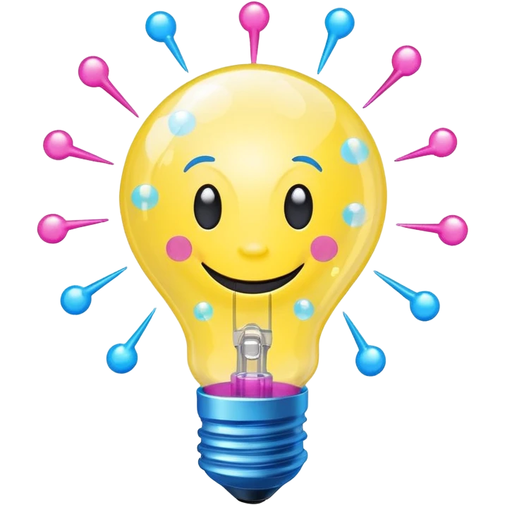 smiling lightbulb with spinning atom inside, chemical bubbles, small lightning bolt on top, vibrant colors yellow, neon blue, bright pink, feeling of fun and creative science emoji