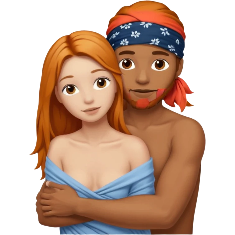 Brown guy with bandana on his head naked hugging a white girl with long ginger hair naked emoji