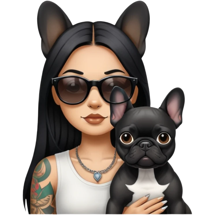 girl with long black  straight hair and tattoos and Wearing sunglasses and a black French bulldog emoji