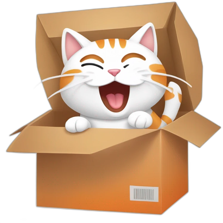 Cartoon art, a cat inside a box, yawning or stretching, simple lines, bright colors, white background, orange, white, and brown colors emoji