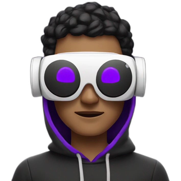 white man in the black hoody with violet OMG VR logo on it.  Man in vr headset emoji