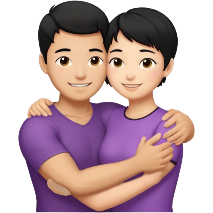 buff tan asian Man black hair hugging girl with black pixie cut  emoji