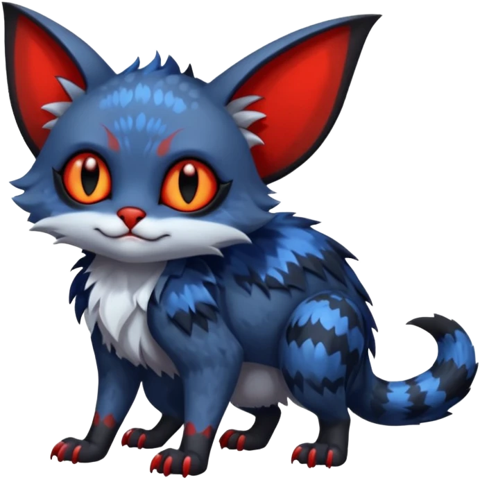 Shiny colorful exotic midnight blue-gray-black, with red markings, white belly, scaley scaly batty feline-like quadrupedal digitigrade furry feral Bastet-Noibat-Gatomon-Garchomp-Digimon-Fakémon-Pokémon-creature (full body) emoji