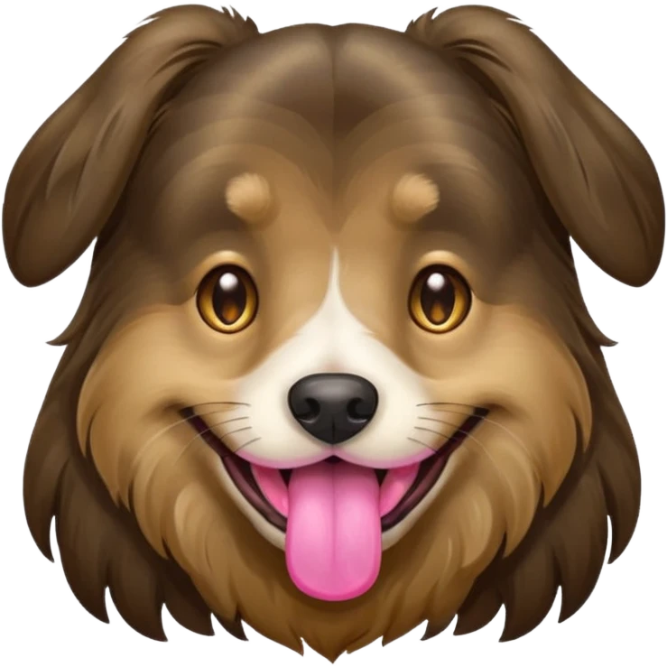 dog face with a long-haired brown and black brindle coat and light brownish gold eyes smiling with tongue hanging slightly out. emoji
