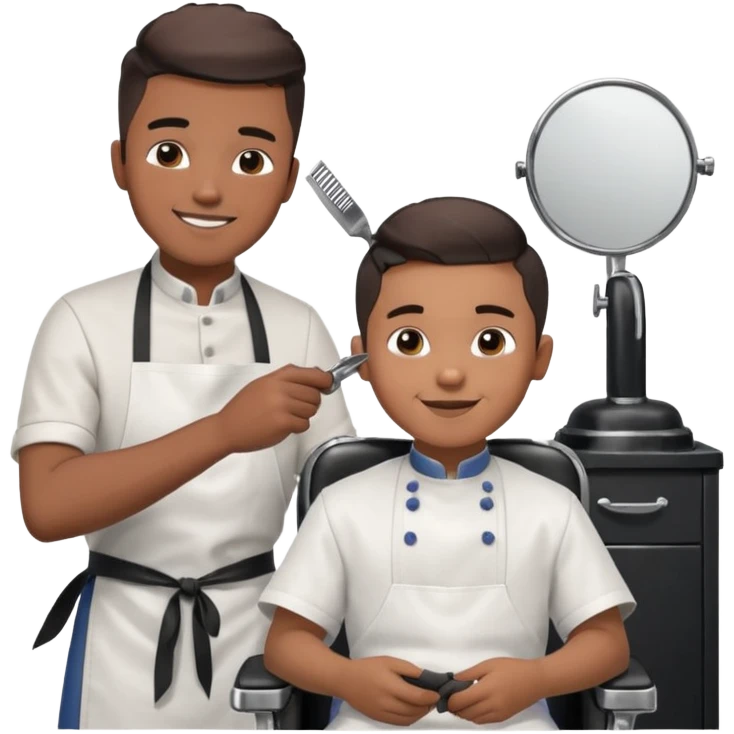Barber cutting boys hair. Show the boy sat in black barber chair and both having smiles on their faces emoji