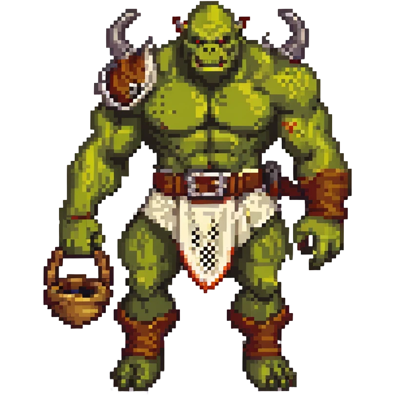 orc male Belt of defeated "Pesky Sand Crab" claws, flexing with a net full of loot. emoji