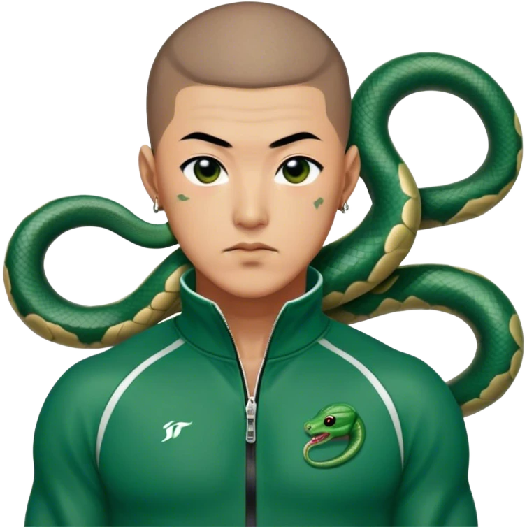 Jang Deok-su Squid game, Age: Late 30s
Appearance: A large, muscular man with a buzz cut and a tattoo of a snake on his neck.
Outfit: Green player tracksuit emoji