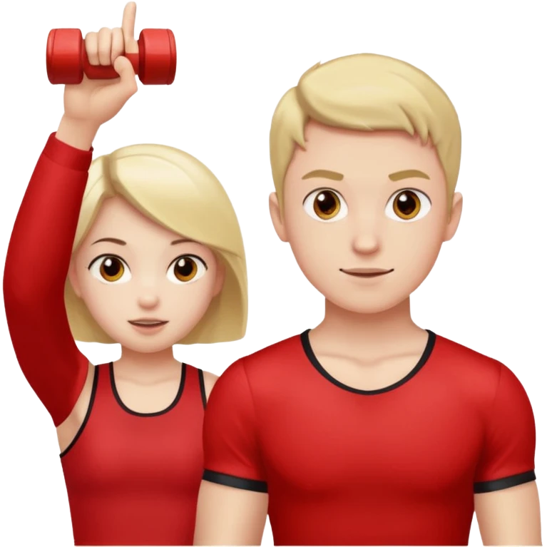 Girl and boy in red gym clothes who points out emoji