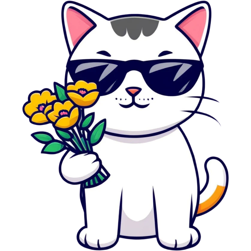 cat wearing sunglasses holding a bouquet of flowers emoji