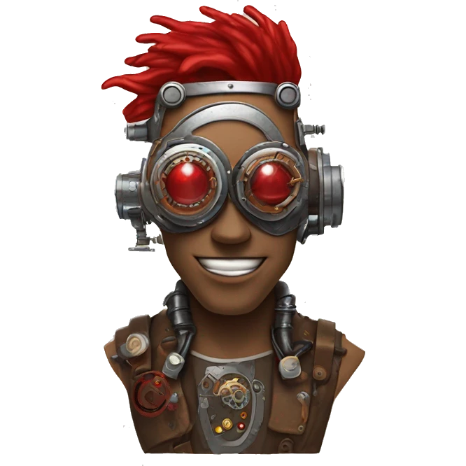 Brown cyborg head with red Mohawk, red beard, silver steampunk monocle goggles a smile and circuits emoji