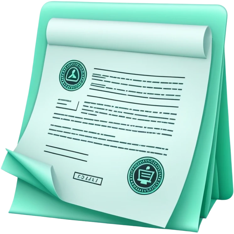 Commande Publique (Public Procurement), 3D techy icon with black and mint green (#B5F4D3) color scheme, contract document with official stamp emoji