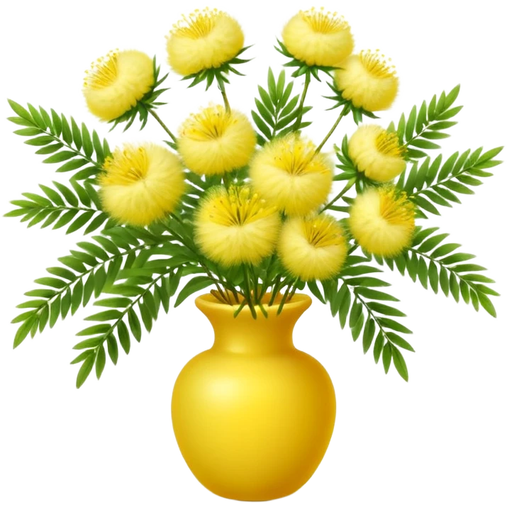 mimosa blossom cluster, round fluffy yellow flowers with tiny filaments, slender green stems, delicate feathery leaves, vibrant and soft spring bloom, no vase or extras, apple emoji style, soft lighting, transparent background, emoji scale emoji