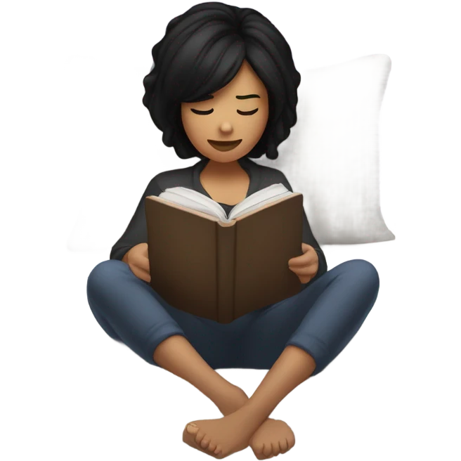 Girl with black hair lying in bed reading on her kindle emoji