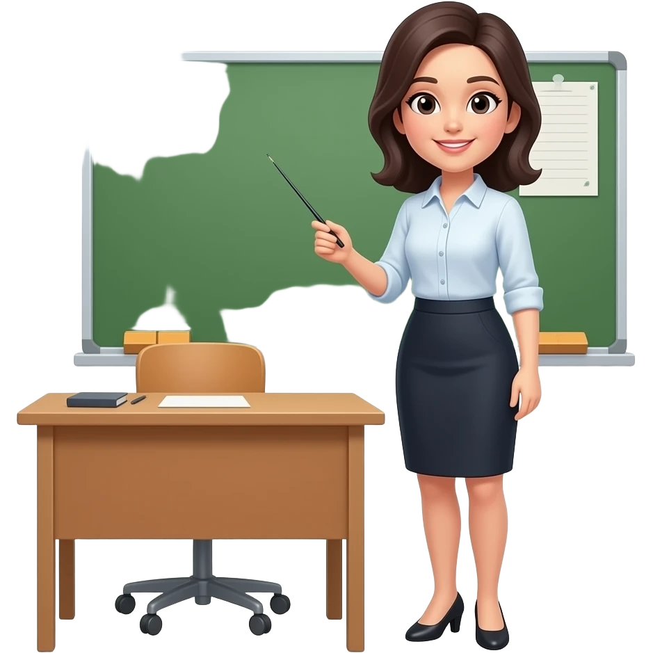 women teacherwith dark hair by the table and the desk with pointer in skirt and shirt in style of iphone emoji emoji