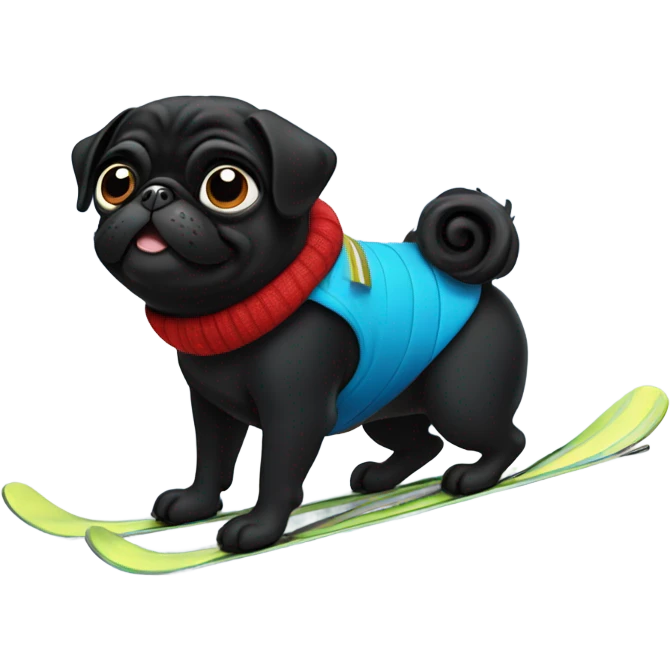 Black pug with a curly tail skiing on a snowy mountain emoji