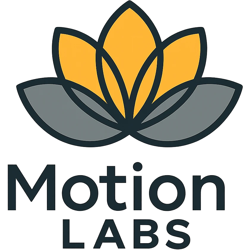 modern luxury logo for MotionLabs with abstract lotus, colors #ffa31a, #808080, #292929 emoji