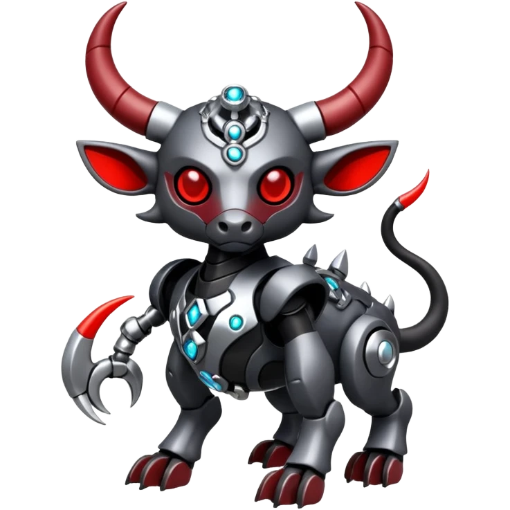 Futuristic mechanical cyborg horned modern badass cool shiny metallic alloy silver-grey obsidian-black crimson-red white animal hybrid Fakemon full body with intricate patterns emoji