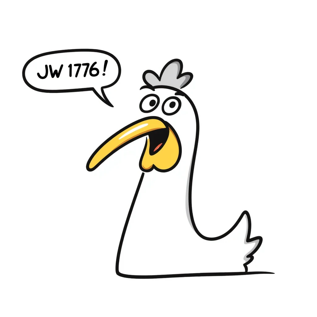 shouting yellow long neck chicken with a funny expression, 'JW 1776' in a speech bubble emoji