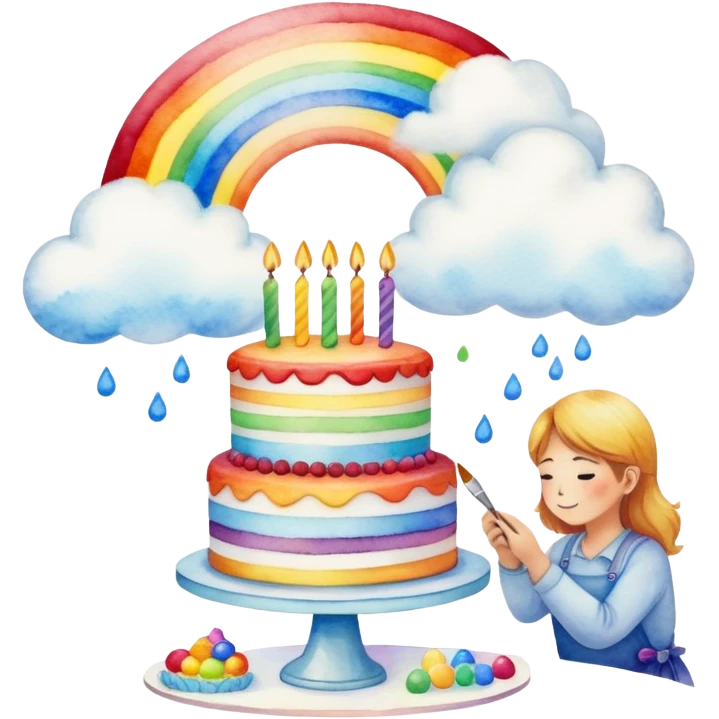 artist painting rainbow birthday cake with clouds landscape  emoji