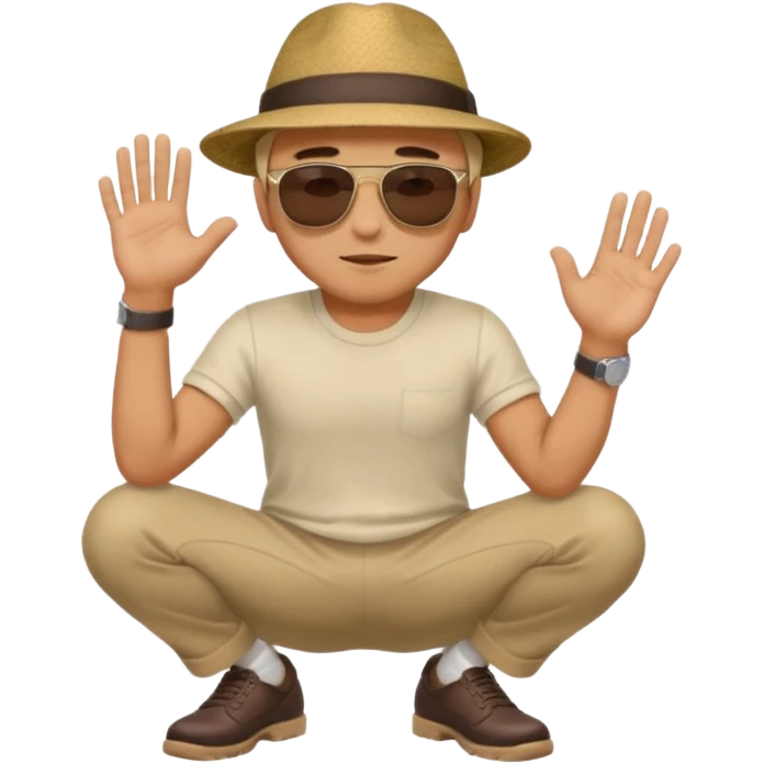 A man squatting down and holdig his hand flat a bit above the ground emoji