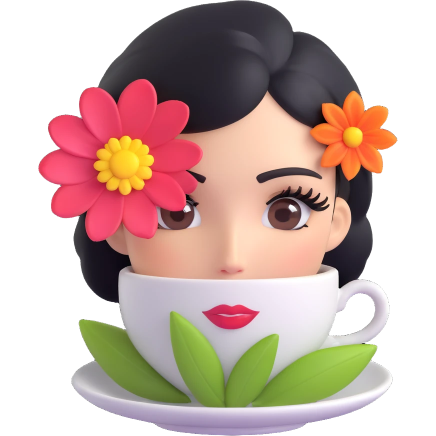 espresso cup with a glamorous lady face, long eyelashes, beauty mark, and a flower on the rim emoji