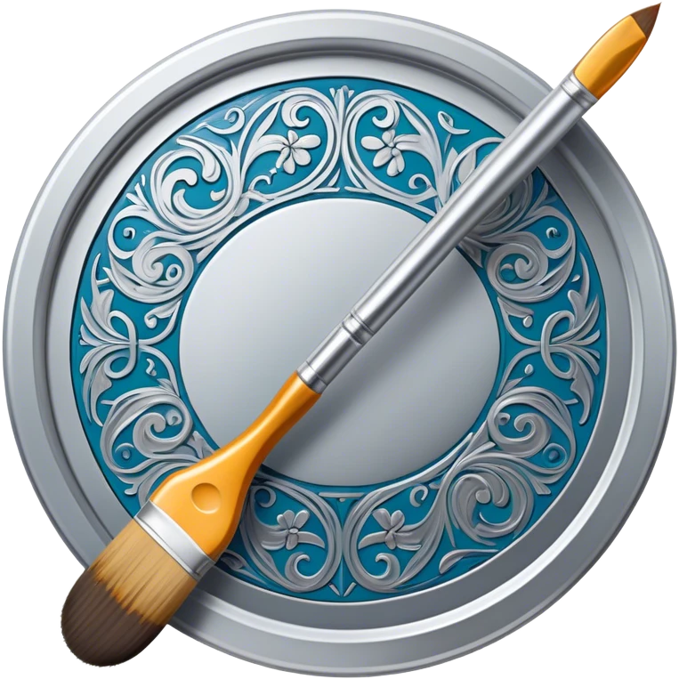 Metal painting icon, intricate hand-painted metal surface with detailed patterns, visible paintbrush, metal tools, and vibrant enamel or acrylic paints, no finished artwork, just the painting process, minimalistic style, clean lines, transparent background. emoji