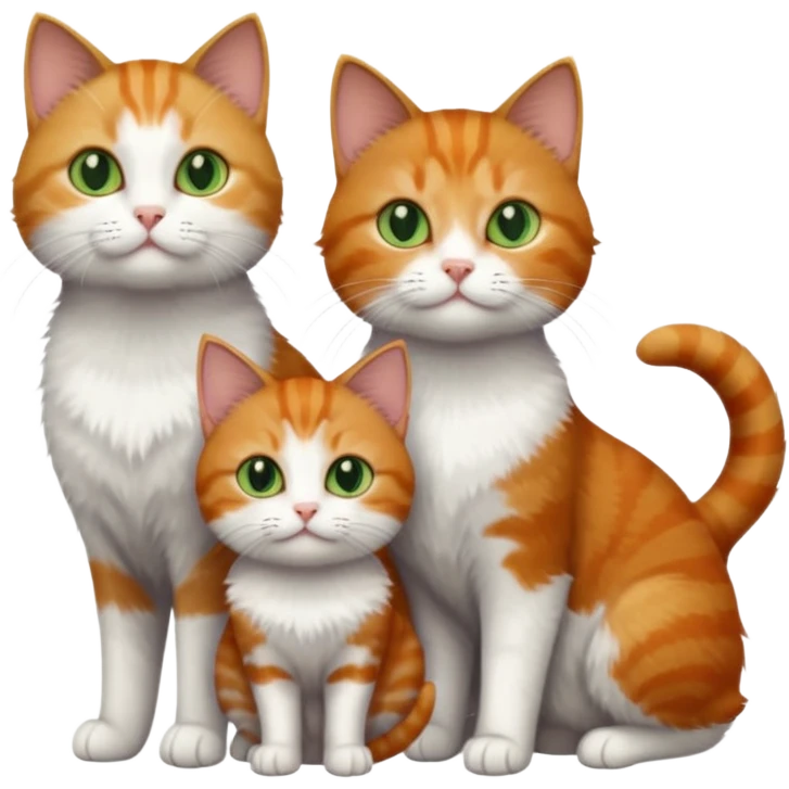 full body of 3 tiny short hair cats including a dark grey and white cat with green eyes, a ginger and white with orange eyes and a brown tabby and white with hazel eyes emoji