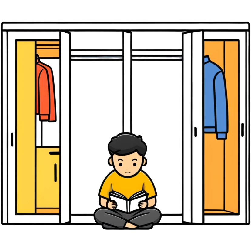 A man is sitting on the floor of an apartment. There are parts of a new wardrobe lying on the floor. An open instruction book is lying on the man's head. emoji