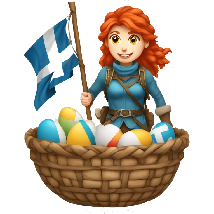 red hair female winter mountaineer climbing with Easter eggsbasket and Greek flag emoji