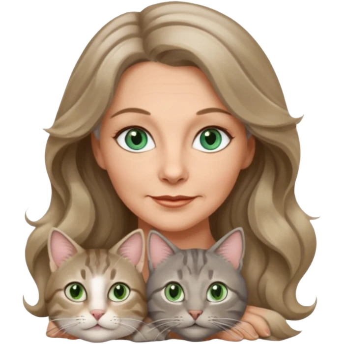 beautiful 50 yr old woman, long wavy dark blonde hair, blue green eyes with one beautiful gray tabby cat with hazel eyes emoji