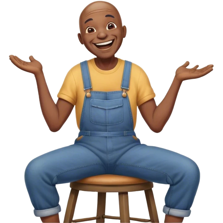 Side view Laughing histarically Old bald black man sitting on stool wearing overalls emoji