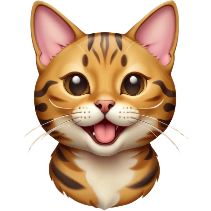 Cinematic Cute Bengal Cat Portrait Emoji, Head tilted playfully and yawning, sleek spotted brown and gold tones, Simplified yet adorable features, highly detailed, glowing with a warm, friendly glow, high shine, curious and affectionate, stylized with a touch of whimsy, bright and alert, soft glowing outline, capturing the essence of a mischievous yet loving kitten, so endearing it feels like it could leap out of the screen and stretch! emoji