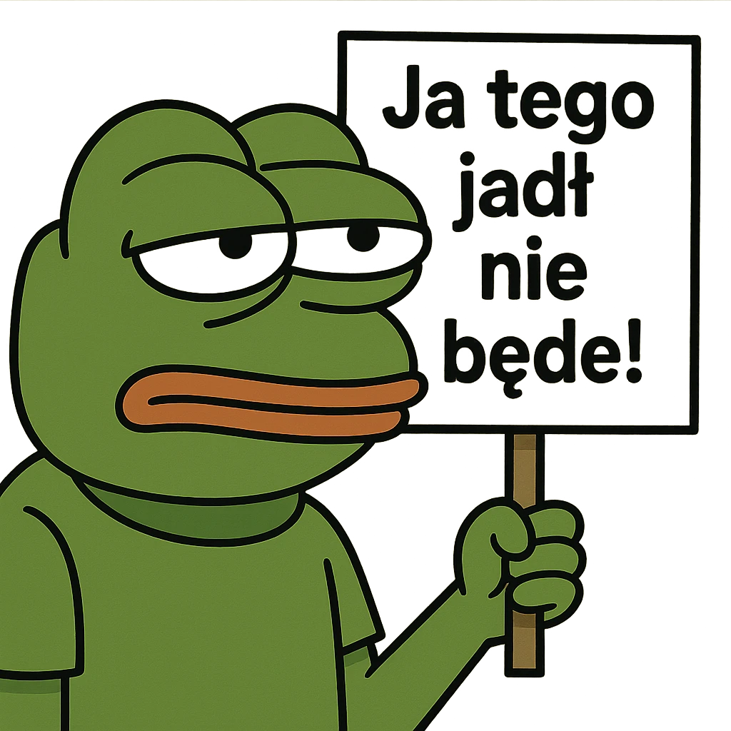 ludek z REPO, trzyma tabliczkę z napisem 'Ja tego jadł nie będe!', wyraz twarzy znudzony, styl Pepe the Frog emoji