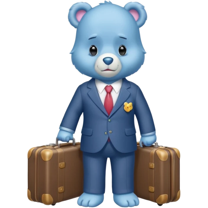Care bear with a suit and a suitcase sad in the metro emoji