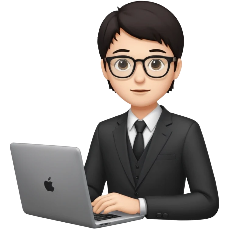un estudiante con lentes y su laptop CON TERNO Y CABELLO NEGRO emoji