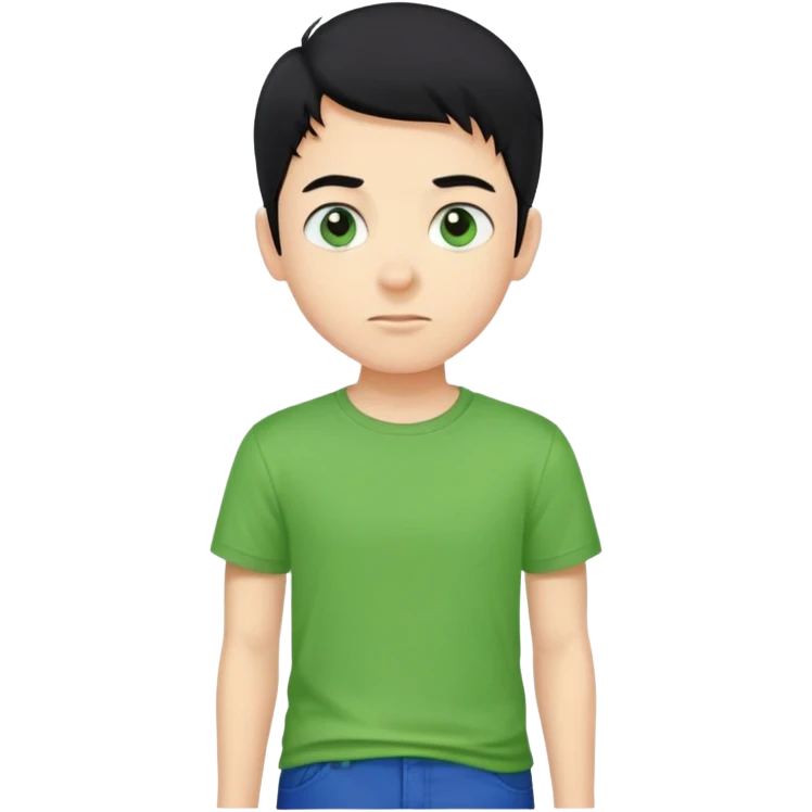 Un ragazzo con i capelli neri e gli occhi neri con una maglietta verde e i pantaloni blu senza occhiali  emoji