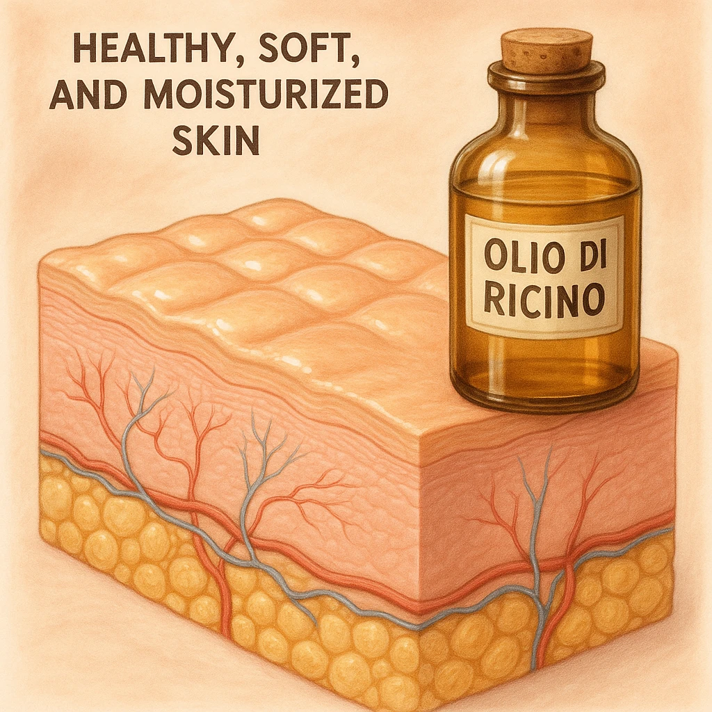 realistic medical illustration of healthy, soft, and moisturized skin thanks to the use of castor oil, with a bottle of castor oil visible labeled in Italian, educational and positive tone emoji