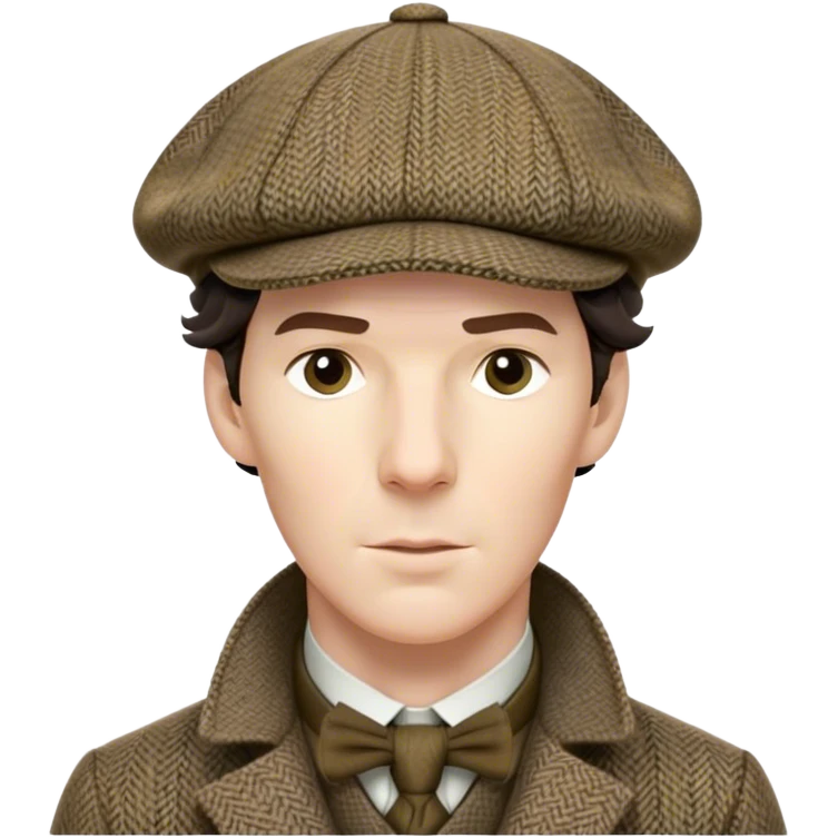 sherlock holmes benedict cumberbatch, wearing a deerstalker hat with the fabric is often tweed, which features a subtle checkered or herringbone pattern with darker and lighter threads woven together, creating texture and depth.  emoji