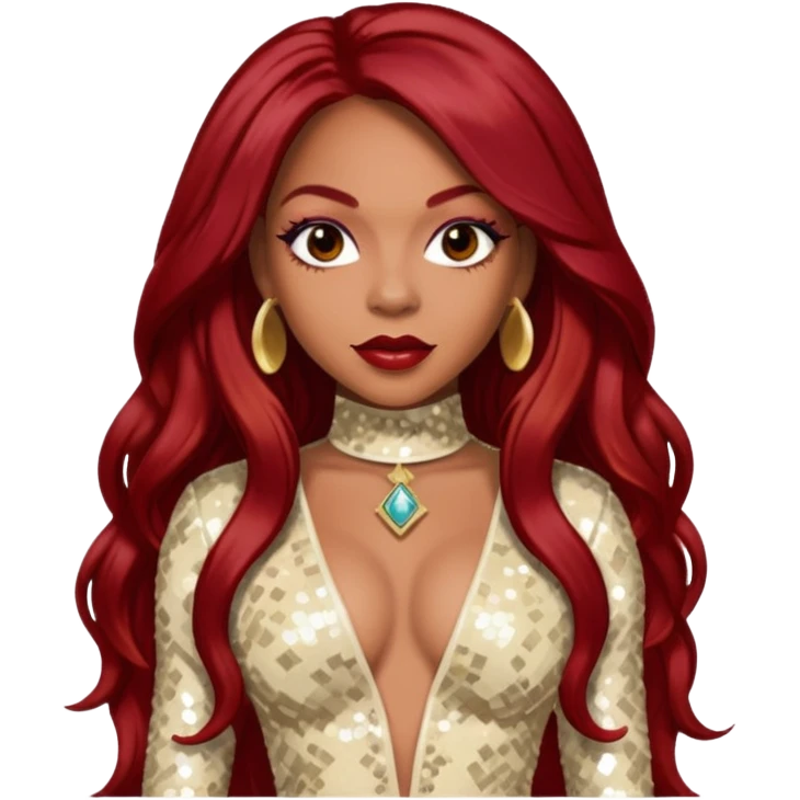 LaTavia Robeson from Destiny's Child with long dark red hair, cream sequin outfit emoji