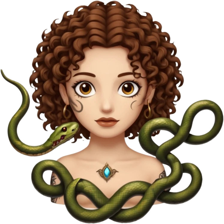 Sexy brown eyes, white skin, brown curly hair, with tattoo, mystic vibe, with snakes  emoji