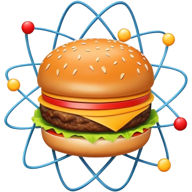 burger as the nucleus of an atom with electrons orbiting around it emoji