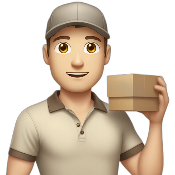 Pale skinned fit Man with dark brown hair in a beige cap, gray jeans, brown polo and white T-shirt keeping a pasted with tape white box into his hands emoji