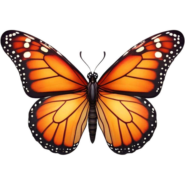 Cinematic Realistic Noble monarch Butterfly Portrait Emoji, Poised and elegant, with delicate, translucent wings rendered in rich ruby and scarlet hues, a slender, graceful body with intricately detailed textures, and soft, reflective eyes, illuminated by natural light, high shine, intelligent and regal, styled with an air of refined natural splendor, focused and attentive, soft glowing outline, capturing the essence of a watchful and confident monarch butterfly that appears to emerge majestically from the screen! emoji
