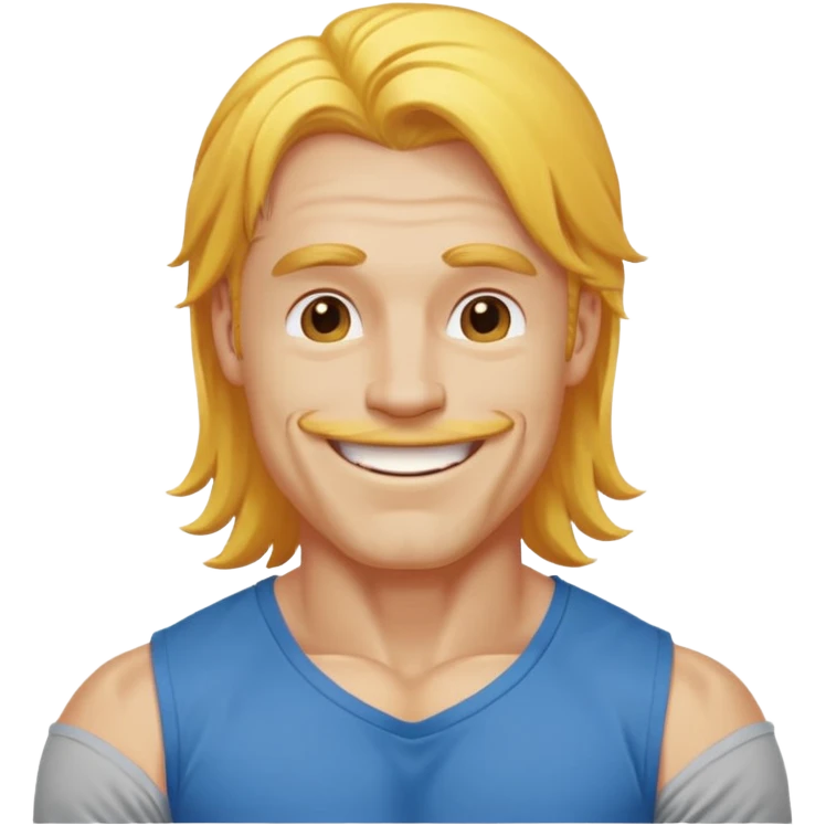muscled happy guy, long yellow hair, blue t-shirt emoji