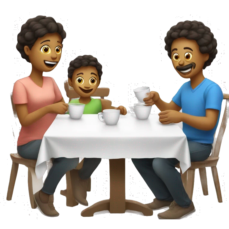 An emoji of a family—mother, father, and child—sitting at a table, playing a cup game with paper cups arranged on the table as they have fun together emoji