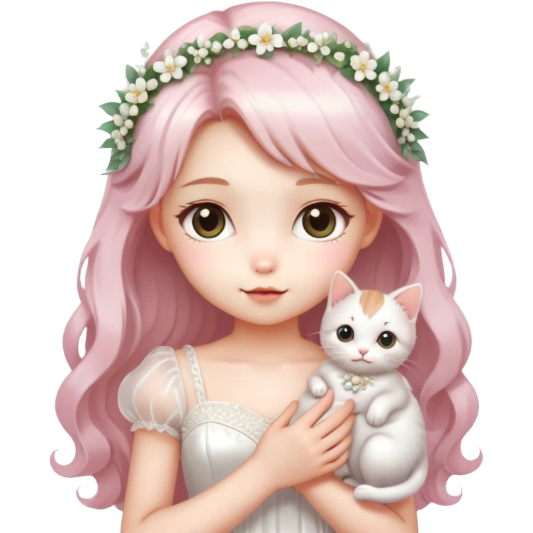 Very dreamy-beautiful-fashionable and elegant-a girl in a wedding dress holding a kitten-shiny-lady-soft style-kawaii-beautiful-hair-fairy style- emoji